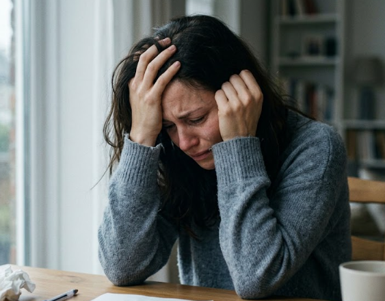 Generada con IA | Una mujer muestra signos de estrés y angustia mientras se sostiene la cabeza.
