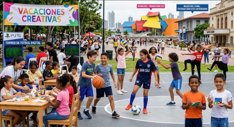 generada con IA | Niños y jóvenes disfrutan de las variadas actividades culturales, deportivas y educativas que están programadas para los días de las vacaciones escolares en Panamá.