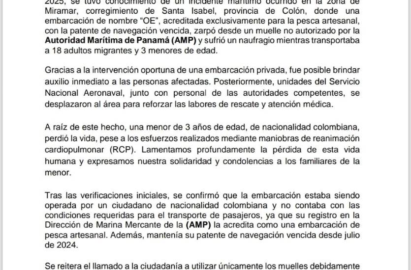 Fallece niña de tres años tras naufragio de embarcación con migrantes en Colón