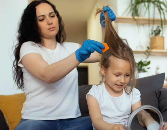 Magnific | Madre peinando el cabello de su hija con piojos en la cabeza.