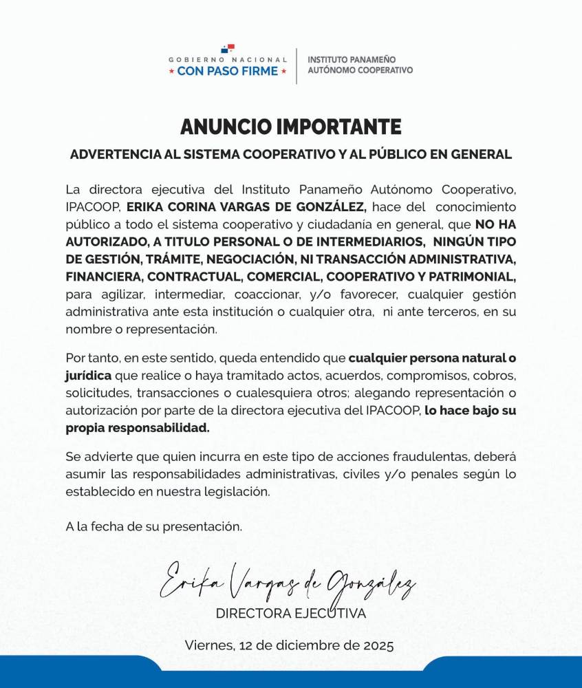 $!Anuncio importante: Advertencia al sistema cooperativo y al público en general