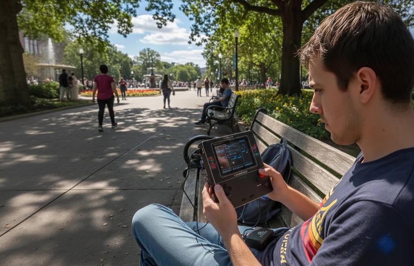 Foto generada con inteligencia artificial | Un joven sentado en el parque de su ciudad utilizando una consola Atari portátil para jugar.