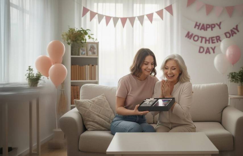 Foto generada con IA | Hija entregándole el regalo a su mamá por el Día de la Madre, mientras ambas se encuentran sentadas en el sofá y felices.