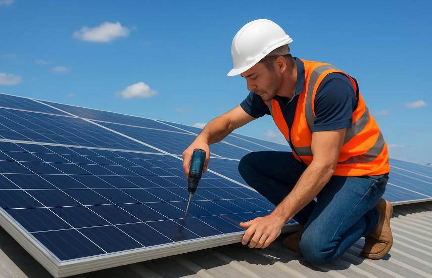 Generada con IA | Una persona sobre un techo de una empresa instalando un panel solar.