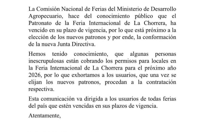 Advierten sobre cobros irregulares para locales en la Feria Internacional de La Chorrera