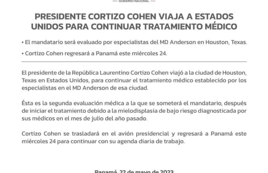 $!Presidente Cortizo viaja a Estados Unidos para continuar tratamiento médico