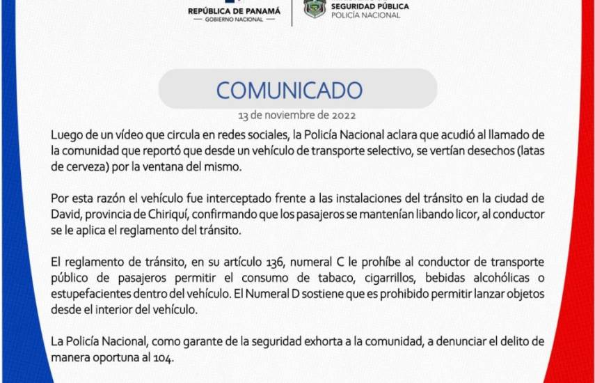$!Policía aclara sanción a taxista en Chiriquí tras circular video en el que pasajeros lanzan latas de cerveza a la vía