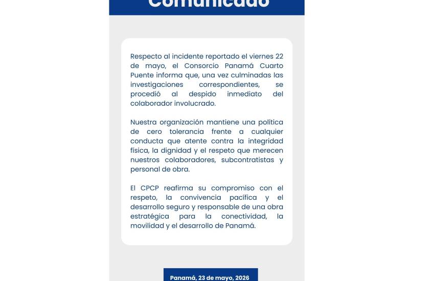 $!Consorcio Panamá Cuarto Puente anuncia despido de uno de sus colaboradores