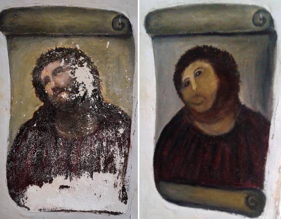 Muestra la versión original del cuadro Ecce Homo (izq.) del pintor del siglo XIX Elías García Martínez, la versión deteriorada (centro) y la versión restaurada de Cecilia Giménez, de 81 años, en España.