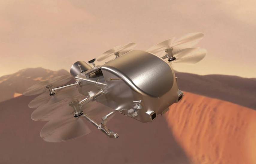 NASA | Impresión artística de Dragonfly volando sobre las dunas de Titán, la luna de Saturno.