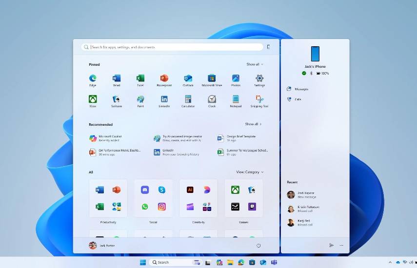 (Foto de ARCHIVO) Nuevo menú de Inicio de Windows 11.