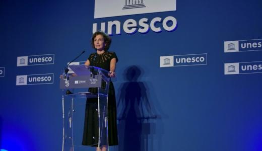 Audrey Azoulay, directora general de la Unesco, habla durante un acto por el 75 aniversario de la organización, el 12 de noviembre de 2021 en París